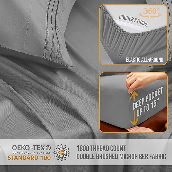 Queen Sheet Set - Luxury Hotel Bed Sheets - Soft Cooling Sheets with Elastic Corner Straps - Deep Pocket Microfiber Bedsheet - Bedding Sheet & Pillowcases -4 PC (Queen Size, Light Gray)