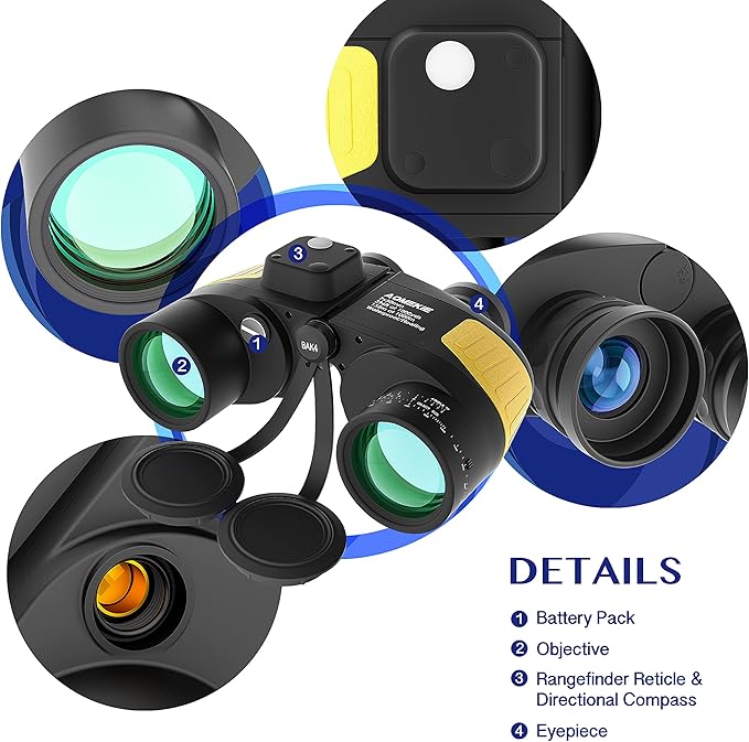 AOMEKIE Marine Binoculars for Adults 7X50 Military Waterproof Binoculars with Illuminated Rangefinder Compass BAK4 Prism IPX7 Fogproof for Boating Navigation Hunting Fishing Water Sports
