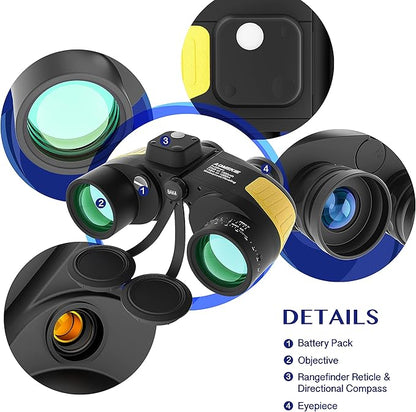 AOMEKIE Marine Binoculars for Adults 7X50 Military Waterproof Binoculars with Illuminated Rangefinder Compass BAK4 Prism IPX7 Fogproof for Boating Navigation Hunting Fishing Water Sports