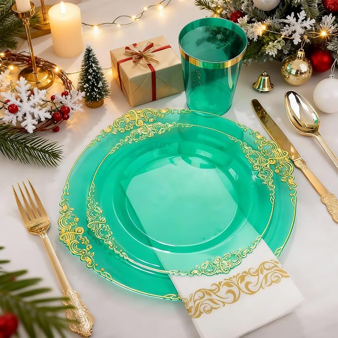 175 Pcs Clear Green Plates for Party | Elegant Disposable Dinnerware for 25