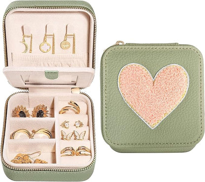 S.Leaf Travel Jewelry Organizer Travel Jewelry Boxes for Women Small Jewelry Travel Case Box Portable Travel Jewelry Case Travel Case Mini Jewelry (03_Lychee_Heart)