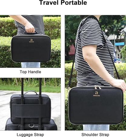 Relavel Makeup Bag with LED Mirror Travel Train Case Large Cosmetic Bags Organizer with Lighted Up Mirror with 3 Color Lights, Adjustable Brightness, Adjustable Dividers and Shoulder Strap (Black)