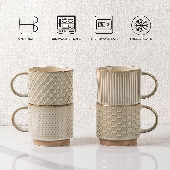 GBhome 8 OZ Stackable Coffee Mugs Set of 4, Ceramic Coffee Cups Set | 4