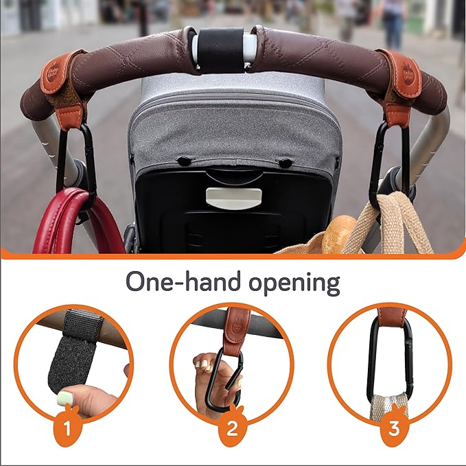 Baby Uma Stroller Hooks for Bags (2 Pack) - Leather-Style Stroller Clips and Hooks, Non-Slip Stroller Accessories, Carry 11 lbs Per Stroller Hook, Universal Baby Essentials & Stroller Accessories