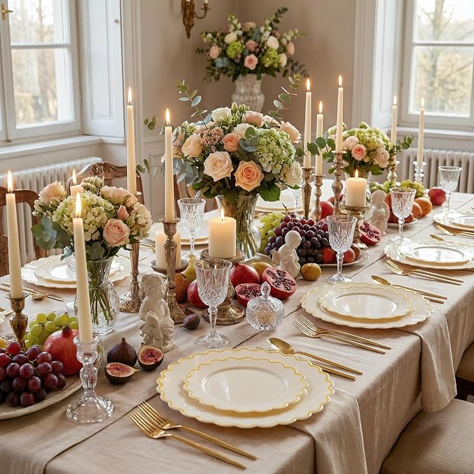 LIYH 100 Pcs Heavy Duty Ivory Gold Plastic Plates