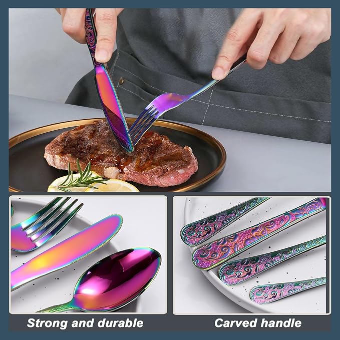Runfly Vintage Carved Rainbow Stainless Steel 20-Piece Flatware Set |