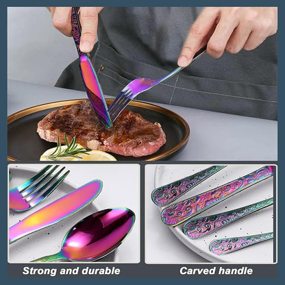 Runfly Vintage Carved Rainbow Stainless Steel 20-Piece Flatware Set |