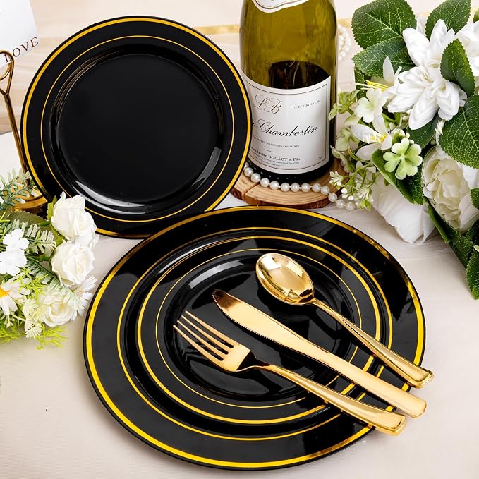 bUCLA 600PCS Black and Gold Disposable Dinnerware Set