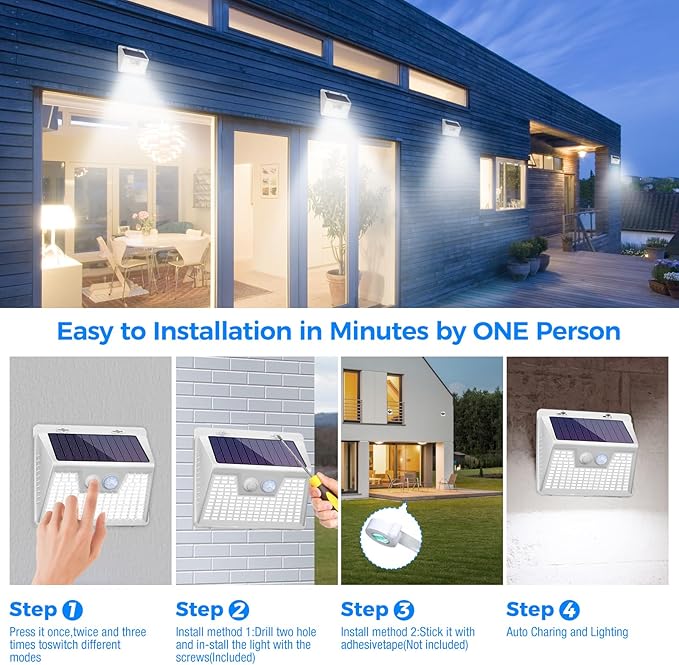 Peasur Solar Powered Lights Outdoor Motion Sensor, 2 Pack 140 LED Fence Light