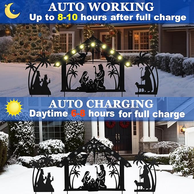 3Pack Lighted Metal Nativity Scene Garden Stake, Solar Christmas Decorations