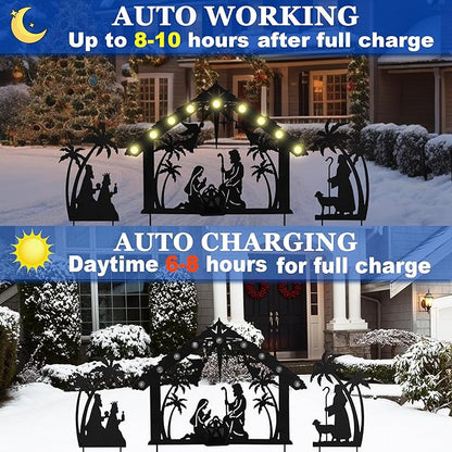 3Pack Lighted Metal Nativity Scene Garden Stake, Solar Christmas Decorations