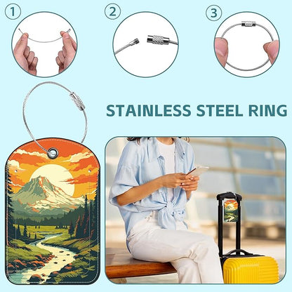 Vintage Mountain and Lake Luggage Tag for Suitcase Set of 2 PU Leather Cute Luggage Tags with Stainless Metal Loop ID Label Privacy Flap Suitcase Tags for Women and Men Travel