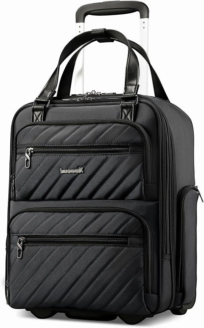 LUGGEX Underseat Carry On Luggage with Wheels, Stylish Lightweight Under Seat Luggage, Soft Sided Personal Item Suitcase for Short Trip (All Black, 16 Inch)