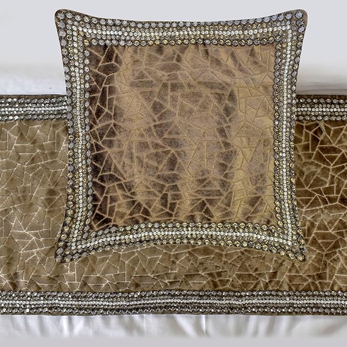The HomeCentric King/Queen/Twin Brown Decorative Bed Runner Full 68"x18" Bed Runner Without Pillow Cover, Border, Crystal, Cut Velvet, Mosiac Pattern Bed Scarf on Velvet Fabric - Velvet Fusion