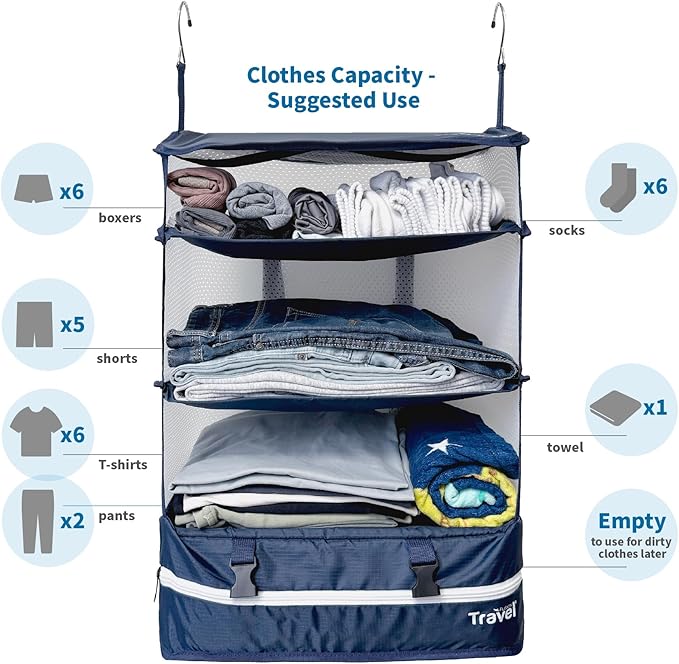 Grand Fusion Stow-N-Go Travel Luggage Organizer – Portable Hanging Travel Shelves, Carry-On Closet Organizer, Hanging Packing Cubes, Collapsible Carry-On Organizer for Cruises & Hotels. Blue - XL