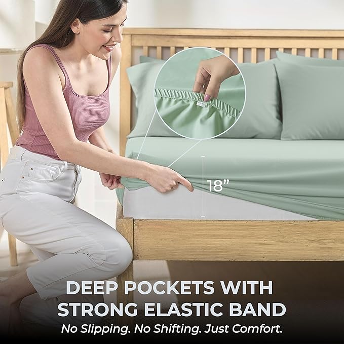 100% Natural Cotton Bed Sheets | 500 TC Single-Ply Sateen Weave Full Size Sheets | Soft, Breathable, Hypoallergenic Solid 4-Piece Bedding with Deep Pocket Fitted, Flat, Pillowcase | Sage