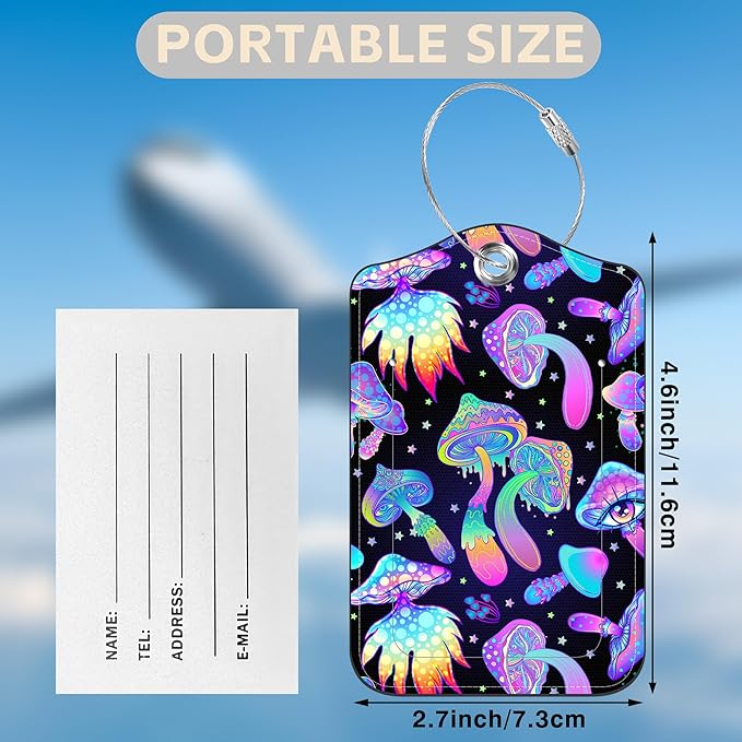 Colorful Mushrooms Set of 2 Luggage Tags for Suitcases Leather Suitcase Tags Identifiers with Privacy Name Address Label and Stainless Steel Loop for Women Men Travel Luggage Accessories