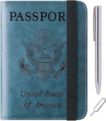 Passport Holder Cover Wallet Travel Essentials Leather Rfid Blocking Case Vacation Luggage Must Haves Travel Accessories for Men Women (116#Blue)