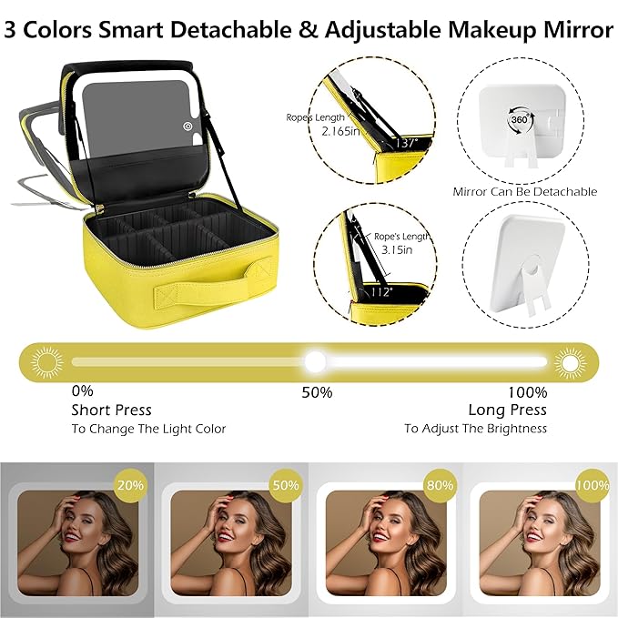 MOMIRA Travel Makeup Bag Cosmetic Bag Makeup Organizer Bag with Large Lighted Mirror 3 Color Scenarios Adjustable Brightness,Yellow