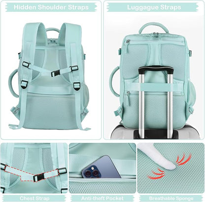 Hanples Large Travel Backpack for Women as Person Item Flight Approved, 35L Carry on Backpack, 17 Inch Laptop Backpack, Waterproof Backpack,Casual Bag with 2 Toiletry Bags (Mint Green)