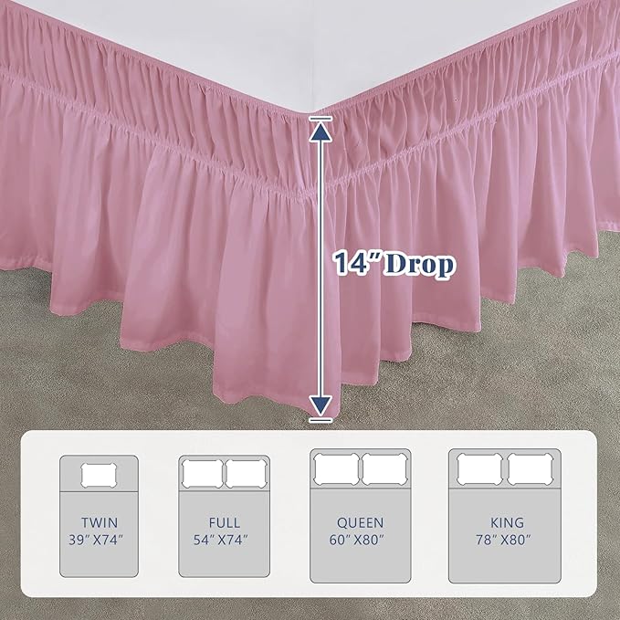 Full Bed Skirt, Elastic Wrap Around Bed Skirt Full Size, Bed Skirts for Adjustable Bed, Easy Fit with 14" Drop Length Tailored Drop Dust Ruffle (Pink)