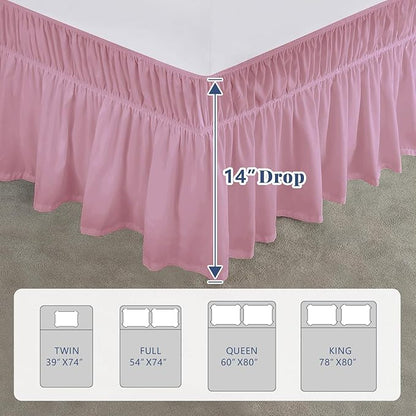 Full Bed Skirt, Elastic Wrap Around Bed Skirt Full Size, Bed Skirts for Adjustable Bed, Easy Fit with 14" Drop Length Tailored Drop Dust Ruffle (Pink)