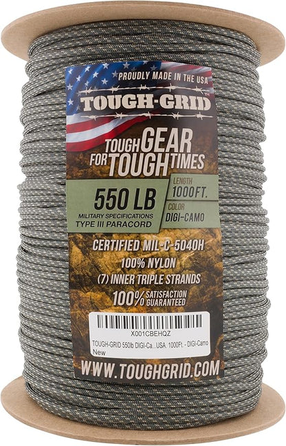 TOUGH-GRID 550 Paracord Rope Nylon Parachute Cord, Made in USA Survival Kit, Outdoor Adventures, Camping, Tactical Gear & Emergency Supplies, Military Type III Mil-Spec
