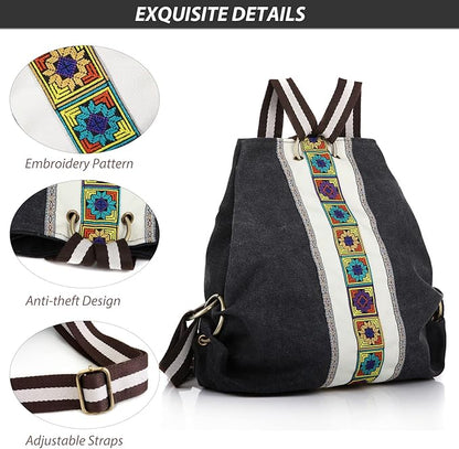 Goodhan Women Canvas Backpack Daypack Casual Shoulder Bag, Vintage Heavy-duty Anti-theft Travel Backpack Grey Black 2