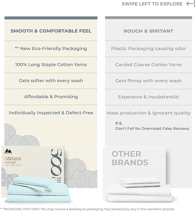 Mayfair Linen 100% Cotton Bed Sheets Queen Set - 500 Thread Count Cotton Sheets for Queen Size Bed, 4 PC Set (Sea Foam), Ultra Soft, Cooling, Sateen Weave 16" Deep Pocket Bedsheet for Hot Sleepers