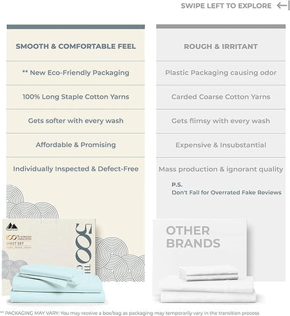 Mayfair Linen 100% Cotton Bed Sheets Queen Set - 500 Thread Count Cotton Sheets for Queen Size Bed, 4 PC Set (Sea Foam), Ultra Soft, Cooling, Sateen Weave 16" Deep Pocket Bedsheet for Hot Sleepers