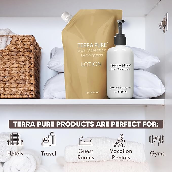 Terra Pure Spa Collection 1 Liter Lotion Refill Bag For Soap Dispensers | Bulk Toiletries for Vacation Rentals, and Home Bathroom Showers | Green Tea Lemongrass | Single
