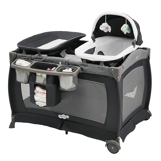 Pamo Babe Playard Portable Playard Foldable Playpen for Baby and Toddler Portable Crib Mattress Diaper Changer for Newborn (Grey)