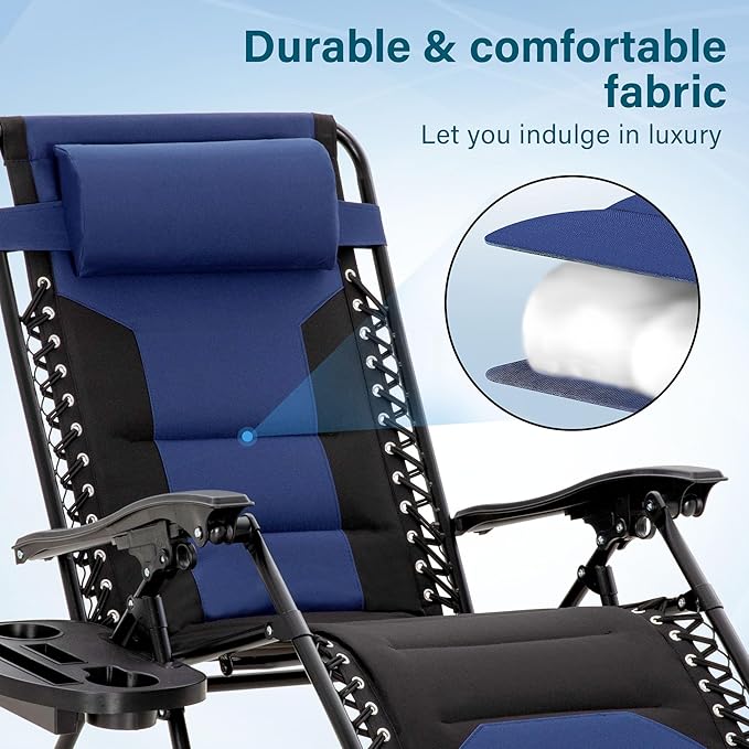 MFSTUDIO Padded Zero Gravity Chair Set of 2, Folding Patio Lounge Recliner with Adjustable Pillows & Cup Holder for Poolside Backyard, Support 400lbs(Navy Blue)