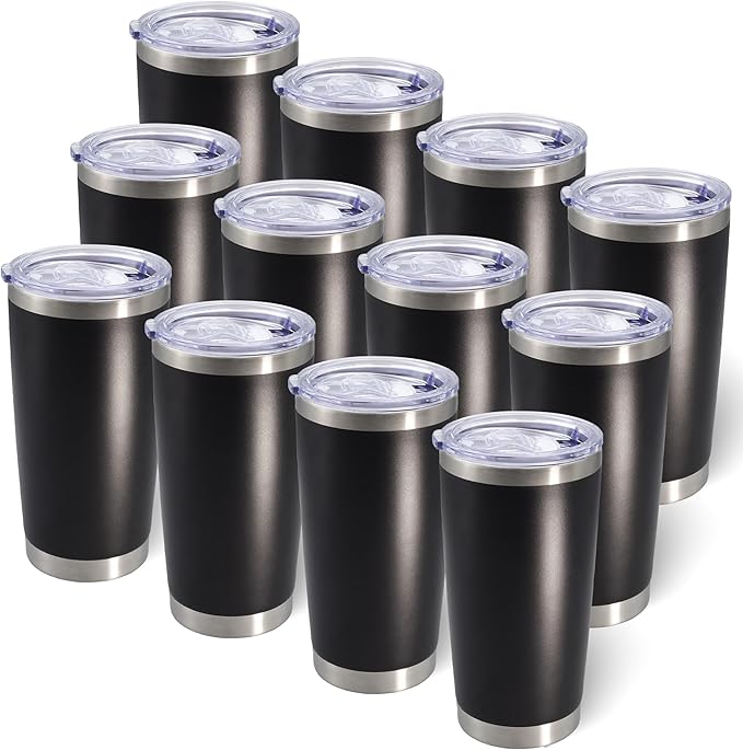 20oz Tumbler Bulk Stainless Steel Tumblers with Lid Vacuum Insulated Double Wall Travel Coffee Mug Powder Coated Tumbler Cup for Hot and Cold Drinks(Black, 12 pack)
