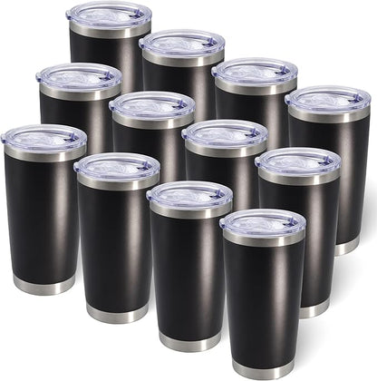 20oz Tumbler Bulk Stainless Steel Tumblers with Lid Vacuum Insulated Double Wall Travel Coffee Mug Powder Coated Tumbler Cup for Hot and Cold Drinks(Black, 12 pack)