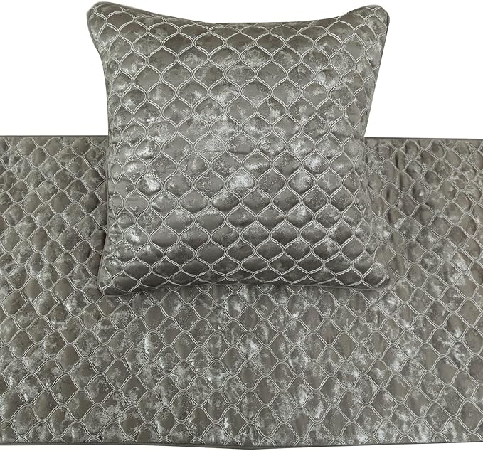 The HomeCentric King/Queen/Twin Grey & Silver Designer King 90"x18" Bed Runner with Pillow Cover, Quilted, Foil & Trellis Bed Scarf on Silk Fabric - Jumanah