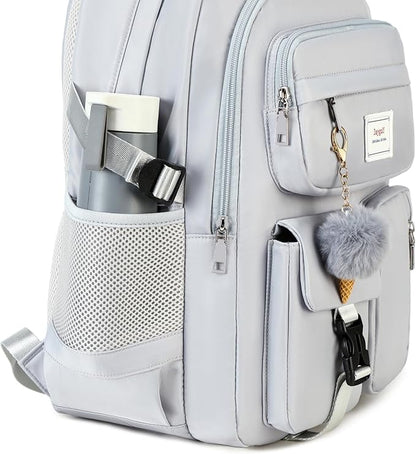 Girls Backpack Stylish Schoolbag Set for College or High Student Laptop Backpack for Women Grey