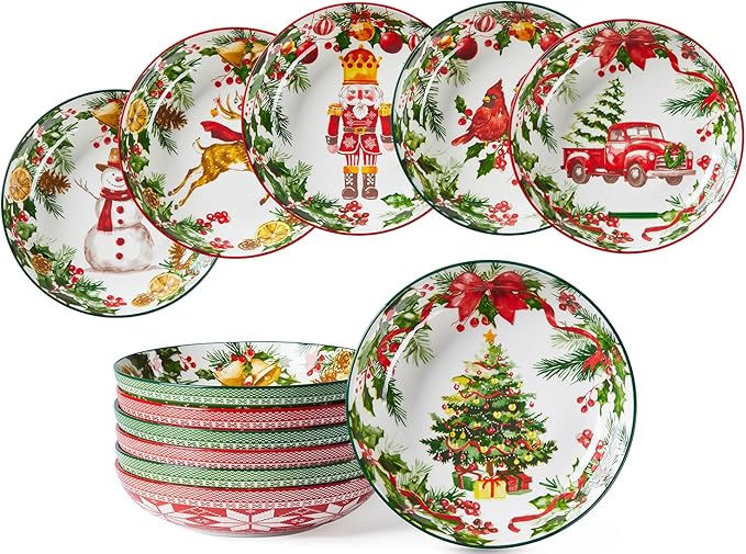 Christmas Pasta Bowls, Ceramic Salad Serving Bowl Set, 8 Inch Wide and Shallow Dinner Bowl Plate for Kitchen, Dishwasher and Microwave Safe, Set of 6