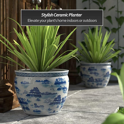 Red Lantern 16" Landscape Blue & White Porcelain Fishbowl Planter or Cachepot