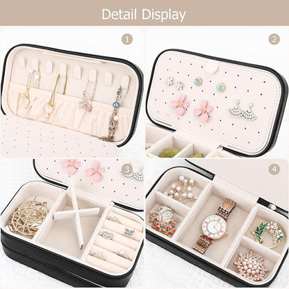 DesignSter Small Travel Jewelry Box with Double Zipper, 2 Layers PU Portable Jewelry Case for Women and Girls,Travel Jewelry Organizer for Rings, Earrings, Necklaces, Bracelets,Black