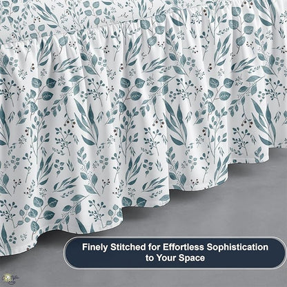 Cottington Lane Ruffled Bed Skirt Full Size with Split Corner, Brushed Microfiber Hotel Quality Dust Ruffle, 21" Drop Gathered Bedskirt, Soft, Stylish, Shrink & Fade Resistant, Tranquil Green Petals
