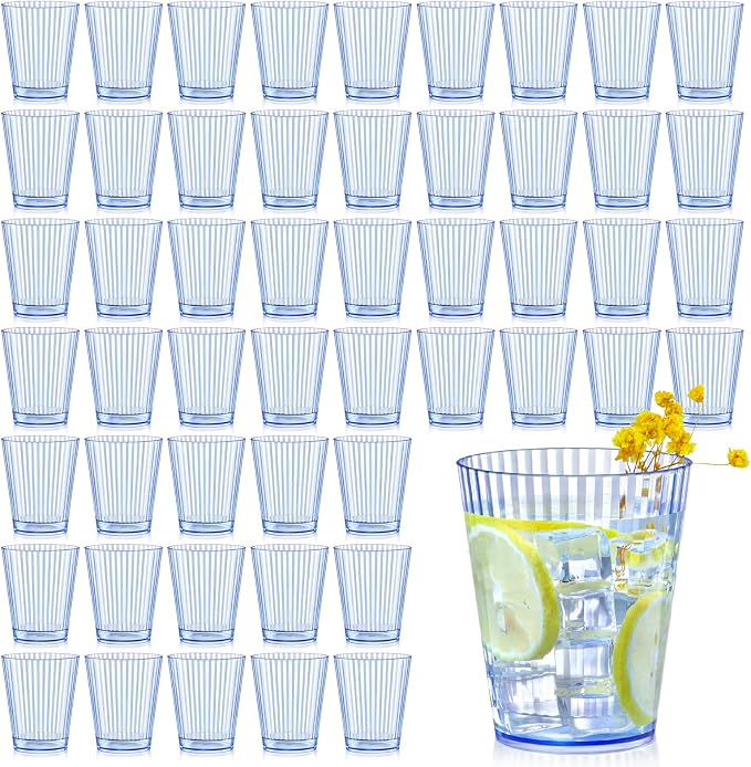 48 PCS Plastic Ribbed Drinking Glasses 10oz Blue Vintage Ripple Stemless Wine