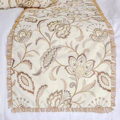 The HomeCentric King/Queen/Twin Beige Decorative Bed Runner Queen 74"x18" Bed Runner Without Pillow Cover, Floral, Pearl, Jute Lace, Embroidery Bed Scarf on Cotton Fabric - Floral Luster