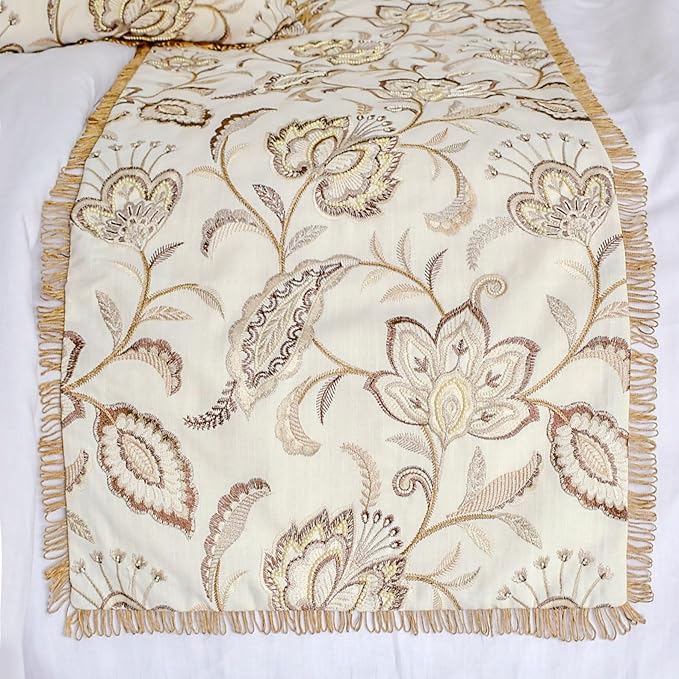 The HomeCentric King/Queen/Twin Beige Decorative Bed Runner Queen 74"x18" Bed Runner with One Pillow Cover, Floral, Pearl, Jute Lace, Embroidery Bed Scarf on Cotton Fabric - Floral Luster
