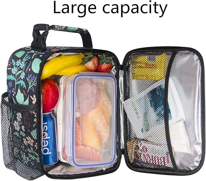 Hap Tim Insulated Lunch Bag Women, Reusable Lunch Box for Women & Men, Adluts Lunchbox for Office Work, Portable Lunchbag, Black Floral（18654-BF）