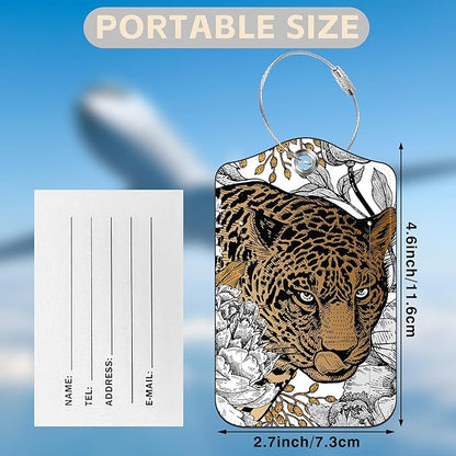 Leopard and Peony Flower Set of 2 Luggage Tags for Suitcases Leather Suitcase Tags Identifiers with Privacy Name Address Label and Stainless Steel Loop for Women Men Travel Luggage Accessories