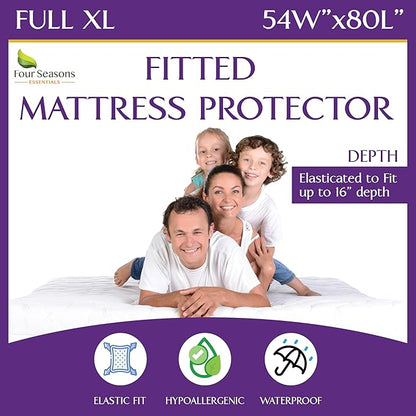 Full Extra Long (XL) Waterproof Mattress Protector - Fitted Sheet Style - Hypoallergenic Premium Quality Cover Protects Against Dust, Allergens