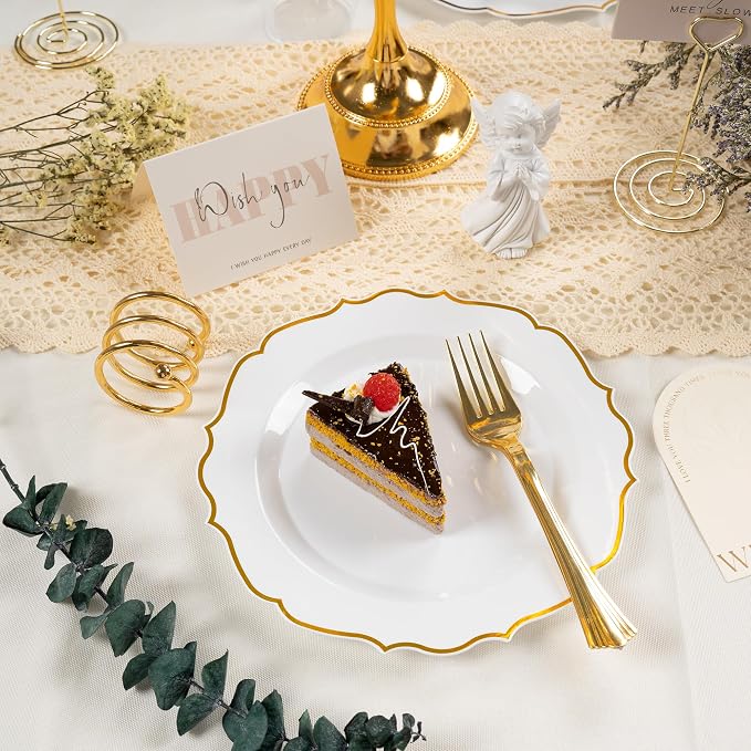 100 Pcs White & Gold Dessert Plastic Plates 7.5" Cake Disposable Plates | White