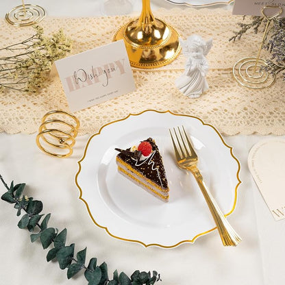 100 Pcs White & Gold Dessert Plastic Plates 7.5" Cake Disposable Plates | White