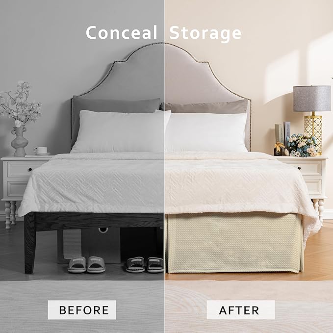 MIYE Pleated Waffle Weave Bed Skirt, Tailored Dust Ruffle 16 Inch Drop Easy Fit, Machine Washable,No Split Corners (Light Beige, Twin - 16" Drop)